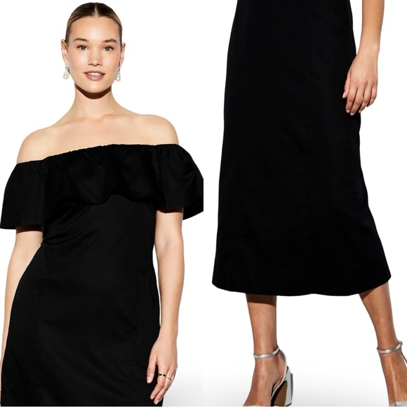 NWTS🌹THE OCCASION M🌹BLACK TAFFETA OFF THE SHOULDER/ONE SHOULDER MIDI DRESS - Picture 1 of 16